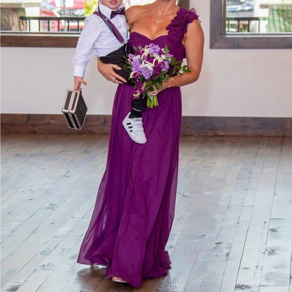 JJ’s House A-Line One-Shoulder Chiffon Grape Maxi Dress With Ruffle Flower Strap - Picture 5 of 5